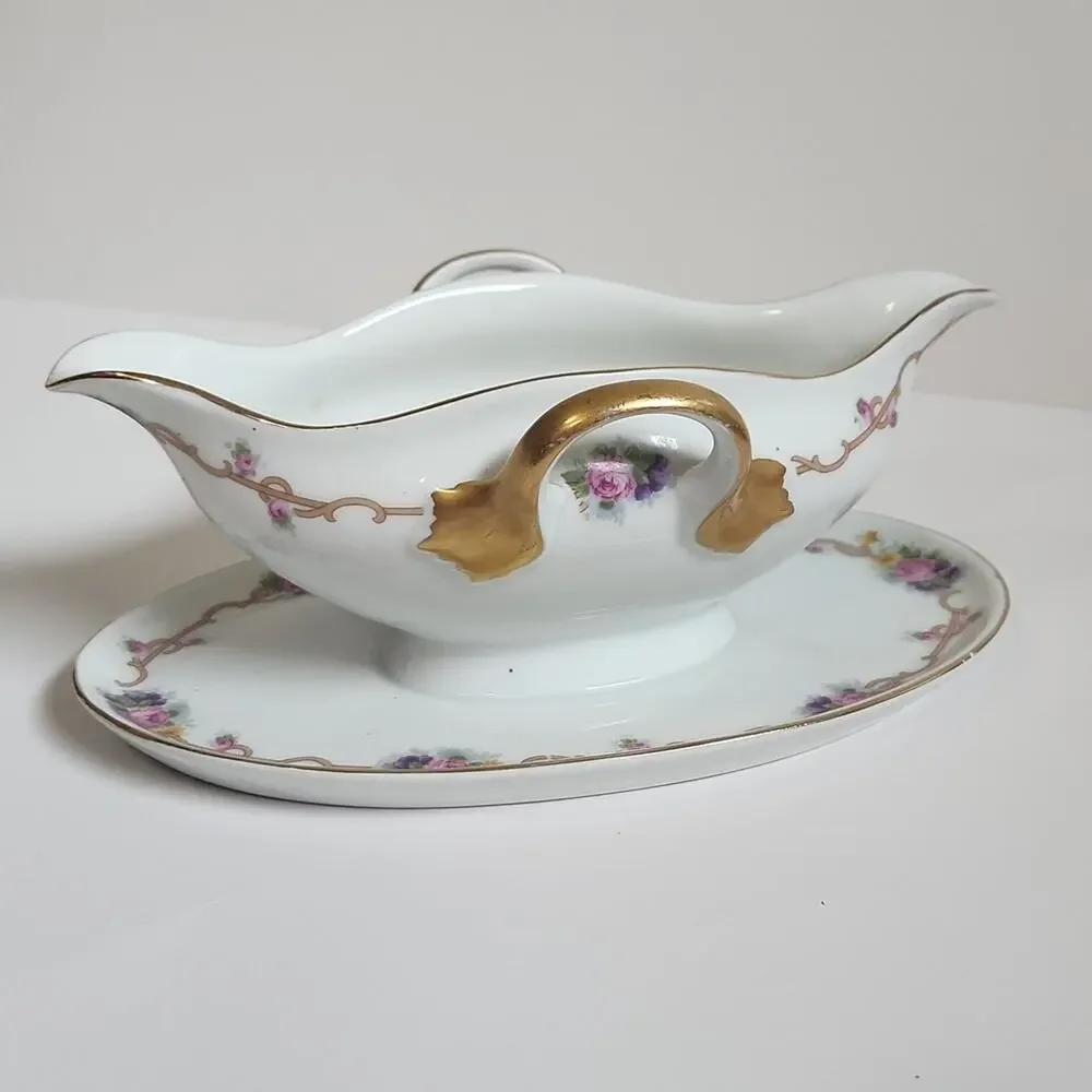 Vintage Royal Crafton‎ Gravy Bowl With Attached Plate Floral Gold Trim